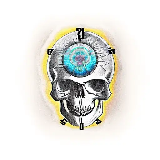 the tattoo of a skull with its thinking hand. a clock protrudes from his head and it is 11:01 tattoo design idea