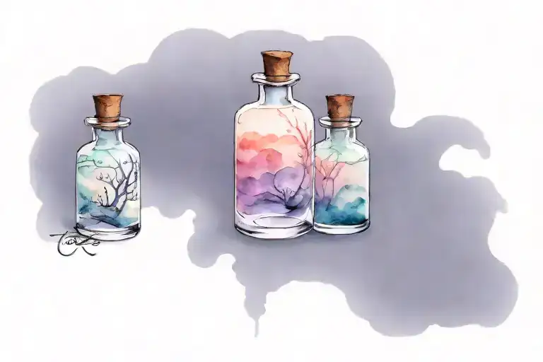 3 potion bottles, one is leaking fog tattoo design idea