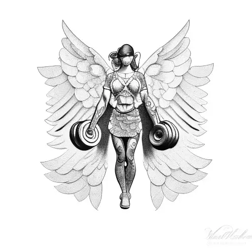 angel curling a dumbbell tattoo design idea