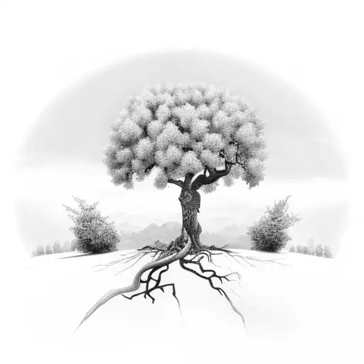 on the back featuring a large tree, half apple tree and half olive tree tattoo design idea