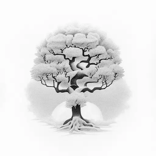 Description of the tattoo: A black-and-white tattoo on the back featuring a large tree, half apple tree and half olive t tattoo design idea