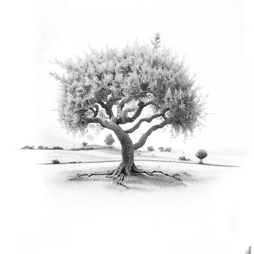 a large tree, half apple tree and half olive tree in jesusalem tattoo design idea