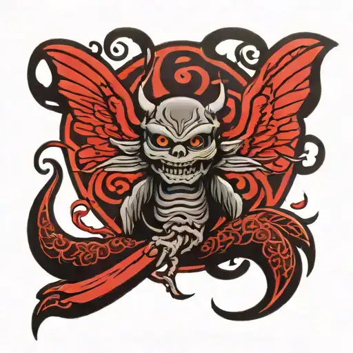 A new-school style tattoo featuring a Japanese art-inspired depiction of Black Sabbath's iconic imagery with a black and red color scheme tattoo design idea