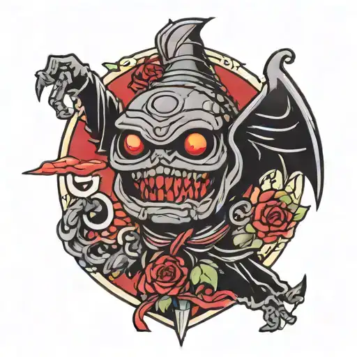 A new-school style tattoo featuring a Japanese art-inspired depiction of Black Sabbath's iconic imagery with a black and red color scheme tattoo design idea