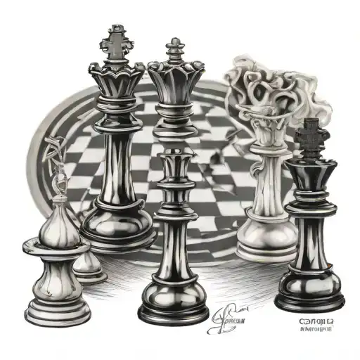 king and queen chess pieces with 4 pawns surrounded and words By Your Side  tattoo design idea