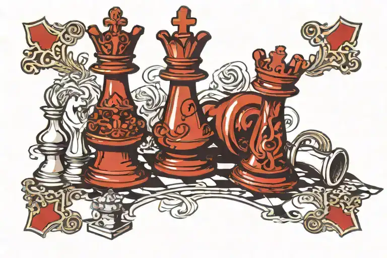 king and queen chess pieces with 4 pawns surrounded and words By Your Side  tattoo design idea