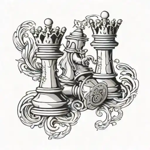 king and queen chess pieces with 4 pawns surrounded and words By Your Side  tattoo design idea