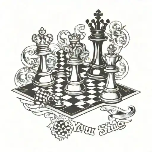 A chessboard with the words 'By Your Side' as the checkered pattern, with the king and queen chess pieces on opposite sides and 4 pawns in the middle tattoo design idea