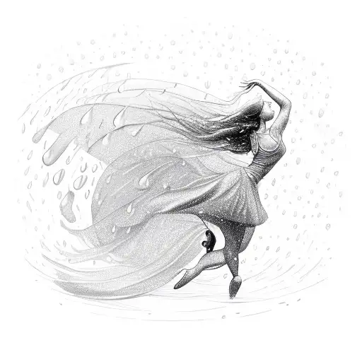 A dancer gracefully moving in the rain, with raindrops falling around them and creating beautiful ripples tattoo design idea