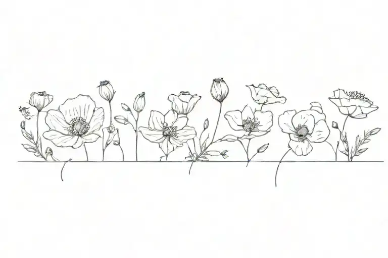 poppy flowers, honeysuckle flowers, larkspur flowers, cosmos flowers, snowdrop flowers.   tattoo design idea