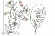 poppy flowers, snowdrop flowers, honeysuckle flowers, larkspur flowers and gladiolus flowers intertwined tattoo design idea