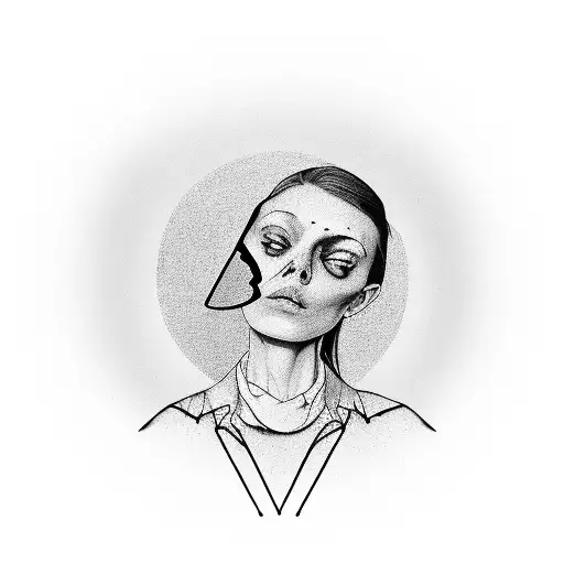 A surreal composition of a person having a conversation with their reflection in a broken mirror, symbolizing the client's habit of talking to themselves. tattoo design idea