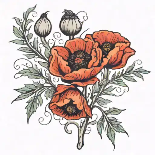 red poppy flower, a palestinian olive tree key,  and the name Areej tattoo design idea