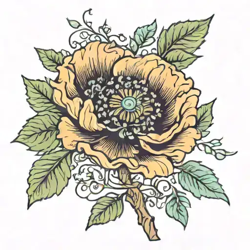 poppy flower olive tree key and the name Areej tattoo design idea