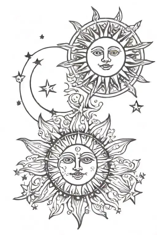 sun & moon surrounded by stars tattoo design idea