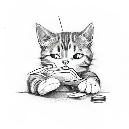 A whimsical sketch style tattoo of a cat playing with office supplies like pens and papers tattoo design idea
