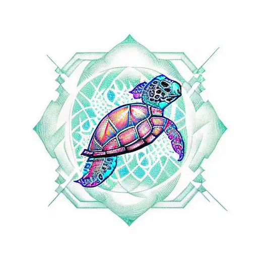 A Hawaiian sea turtle with a geometric twist, incorporating finance symbols like dollar signs and graphs tattoo design idea