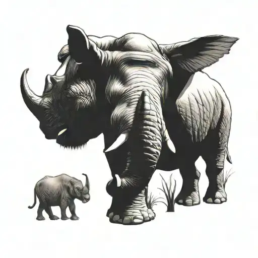 rhino and elephant in their natural habitat in powerful poses that can be used as a chest tattoo tattoo design idea