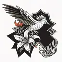 Dove wearing cross and holding red spider lilies while a banner flag reads VELOPA tattoo design idea