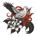 Dove wearing cross and holding red spider lilies while a banner flag reads VELOPA tattoo design idea