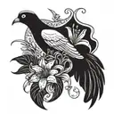 Dove wearing cross and holding red spider lilies while a banner flag reads VELOPA tattoo design idea