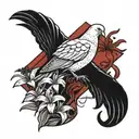 Dove wearing cross and holding red spider lilies while a banner flag reads VELOPA tattoo design idea