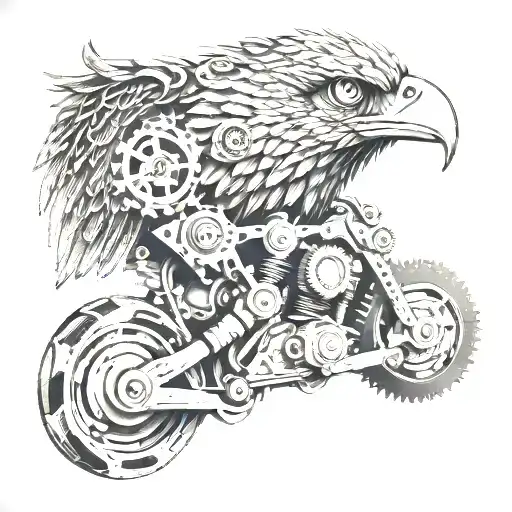 A motorcycle engine transformed into a majestic eagle head with gears and cogs tattoo design idea