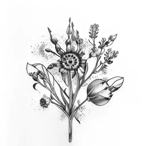 Winter Soldier arm with forget me nots, thyme, gladiolus, and baby's breath tattoo design idea