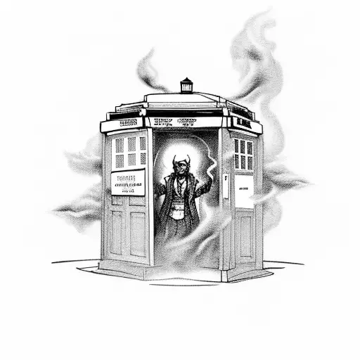TARDIS with doors opening and smoke coming out with the words BAD WOLF written on the doors tattoo design idea