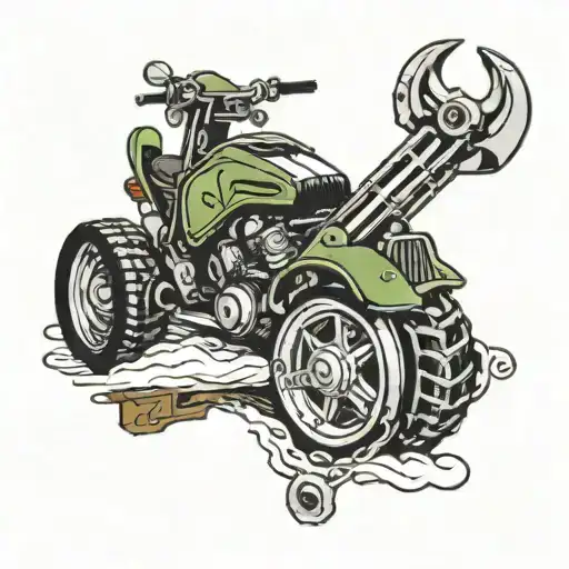 A neotraditional tattoo of a plumber's wrench transforming into a snowmobile track, surrounded by hunting and fishing gear tattoo design idea