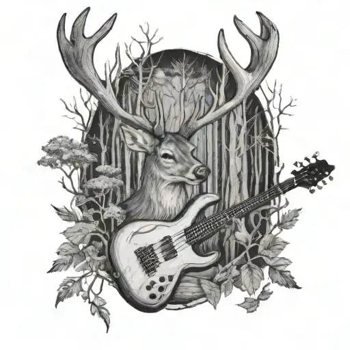 A detailed scene of a deer playing bass in a forest setting tattoo design idea