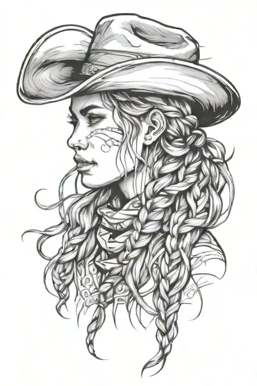 woman face western cowgirl braids tattoo design idea