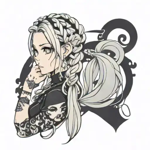 goth girl face braids tattoo design idea