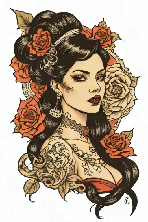 pinup girl goth death satanic black hair tattoo design idea