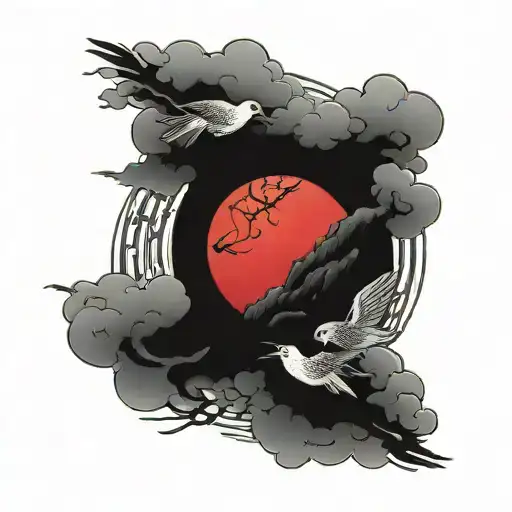 Japanese red sun circle  simplistic with birds tattoo design idea