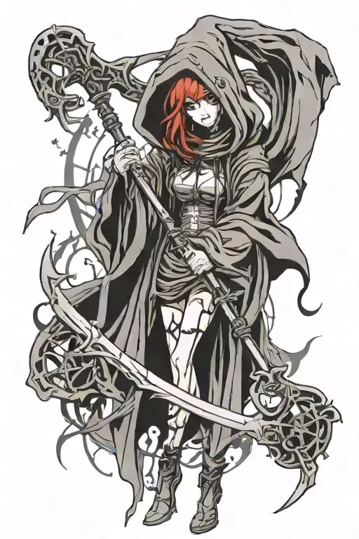 hooded grim reaper girl holding scythe tattoo design idea