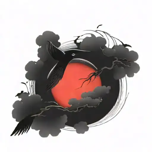 Japanese red sun circle  simplistic with birds tattoo design idea