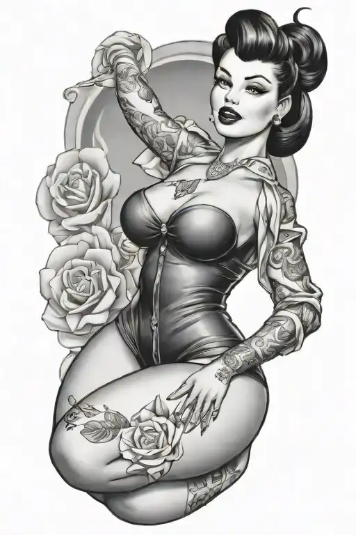 pinup girl sexy no border black hair full body tattoo design idea