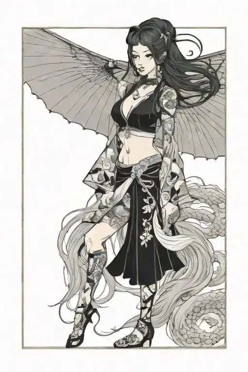 sexy goth girl long hair standing tall tattoo design idea