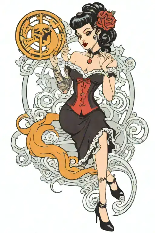 pinup girl goth death satanic black hair tattoo design idea