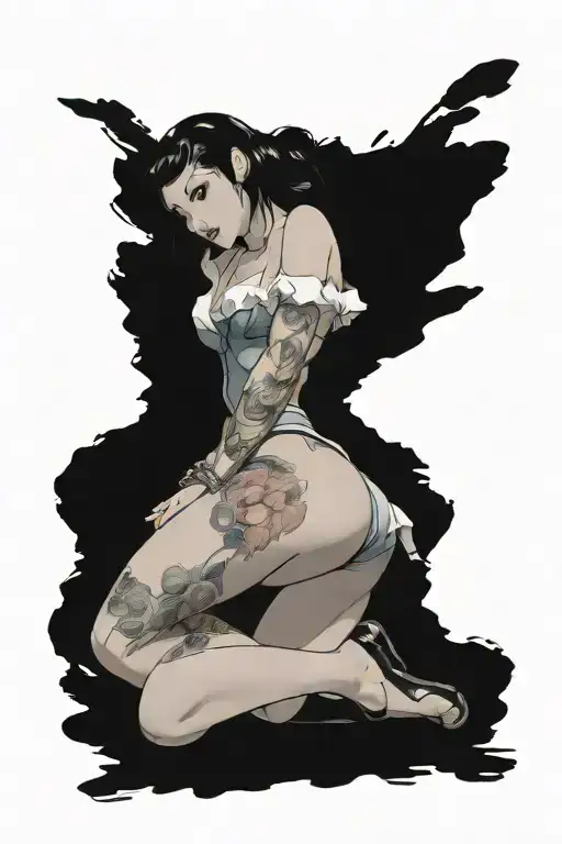 pinup girl sexy no border black hair full body standing tattoo design idea