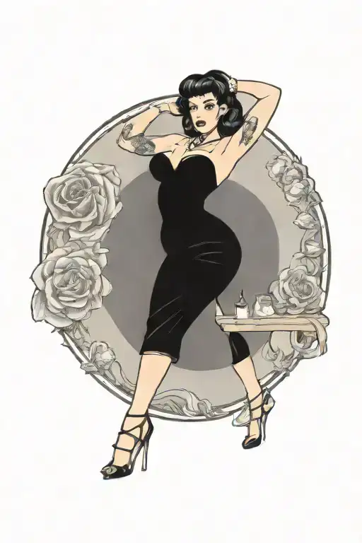 pinup girl sexy no border black hair full body standing tattoo design idea
