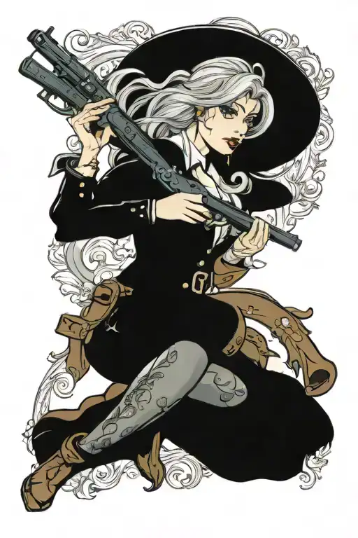 western cowgirl pinup girl full body with lever action rifle tattoo design idea