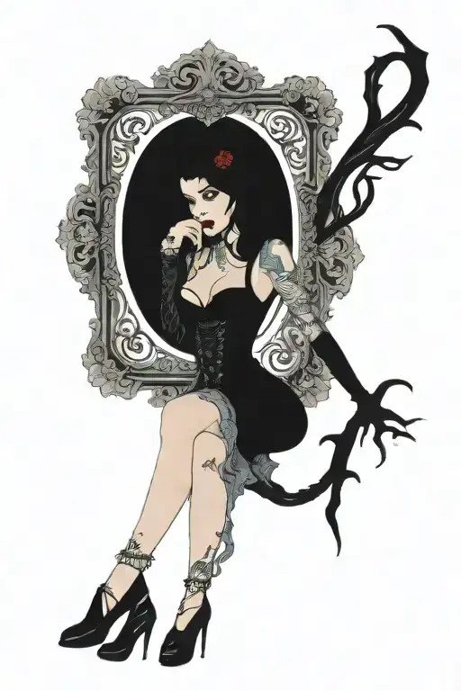 pinup girl sexy no border black hair full body standing tattoo design idea
