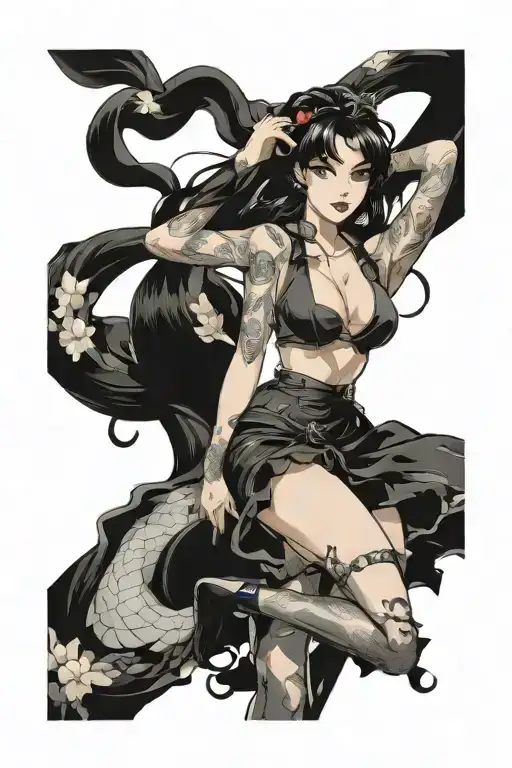 pinup girl sexy no border black hair full body standing tattoo design idea
