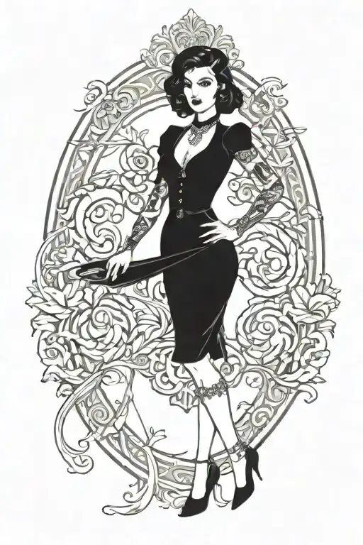 pinup girl sexy no border black hair full body ww2 tattoo design idea