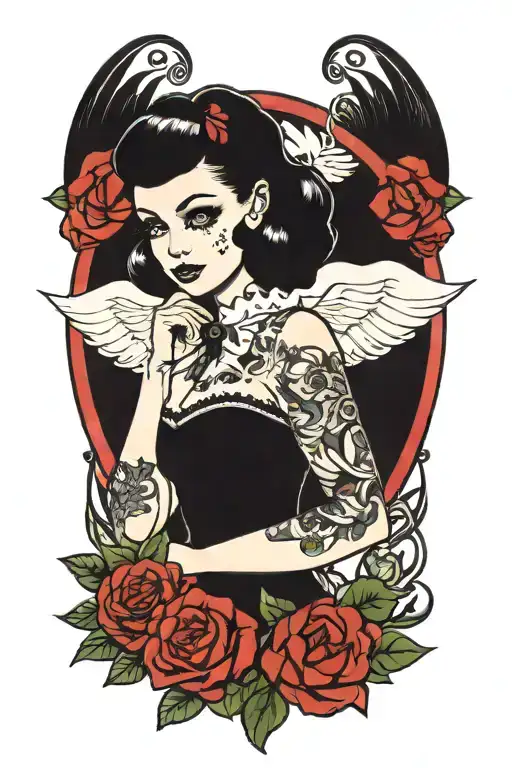 pinup girl goth black eyes tattoo design idea