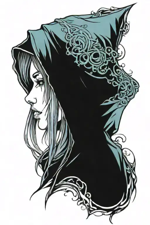 hooded woman face tattoo design idea