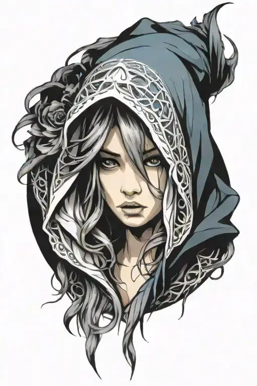 beautiful young woman face hooded tattoo design idea