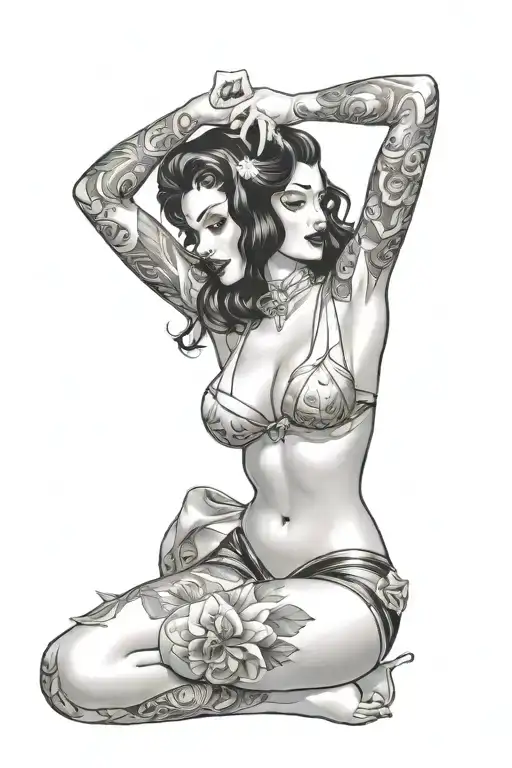 pinup girl sexy no border black hair full body tattoo design idea